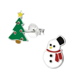 Kinder Ohrringe Ohrstecker 925 Sterling Silber Weihnachtsbaum und Schneemann