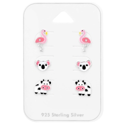 Kinder Ohrringe Ohrstecker Set 925 Sterling Silber mit Flamingo, Koala & Kuh