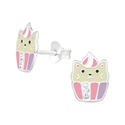 Kinderohrringe Ohrstecker 925 Sterling Silber Katze in Cup Cake mit Kristallen