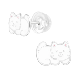 Kinder Ohrringe Ohrstecker 925 Sterling Silber mit weißer Katze