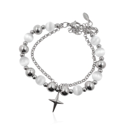 MARTIN1985 Modisches Kreuzanhänger Armband Damen mit Edelstahl- und weißen Katzenaugenperlen Geschenkverpackung