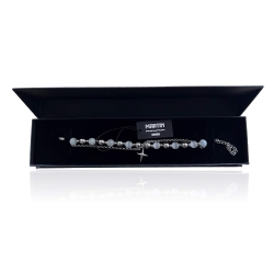 MARTIN1985 Modisches Kreuzanhänger Armband Damen mit Edelstahl- und weißen Katzenaugenperlen Geschenkverpackung