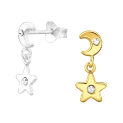Ohrringe Ohrstecker 925 Sterling Silber vergoldet Ohrhänger Mond und Stern mit Kristallen