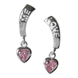 925 Sterling Silber Ohrstecker mit Love-Gravur und pinkem Zirkoniaherz