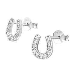 Ohrringe 925 Sterling Silber Ohrstecker Hufeisen mit Zirkoniasteinen in transparent