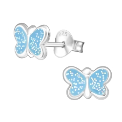 Kinderohrringe Ohrstecker 925 Sterling Silber Schmetterlinge in blau-glitter