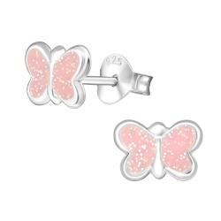 Kinderohrringe Ohrstecker 925 Sterling Silber Schmetterlinge in rosa-glitter