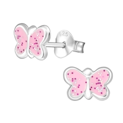 Kinderohrringe Ohrstecker 925 Sterling Silber Schmetterlinge in pink-glitter