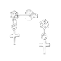 925 Sterling Silber Ohrstecker mit Kristall und hängendem christlichen Kreuz