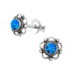 Ohrringe Ohrstecker 925 Sterling Silber Blume mit Kristall in blau
