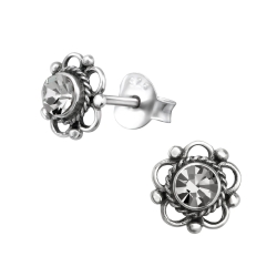 Ohrringe Ohrstecker 925 Sterling Silber Blume mit Kristall in grau