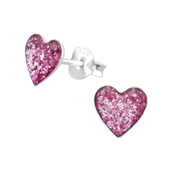 Ohrringe Ohrstecker 925 Sterling Silber mit Glitter-Herz in pink