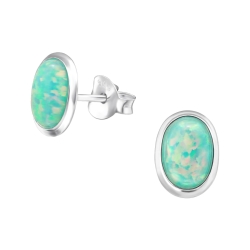 Ohrringe Ohrstecker 925 Sterling Silber synthetischer ovaler Opal 10x6mm in grün