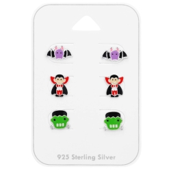 Kinder Ohrringe Ohrstecker Set Halloween 925 Sterling Silber mit Fledermaus, Vampir & Frankenstein