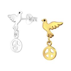 Ohrringe Ohrstecker 925 Sterling Silber vergoldet Ohrhänger Friedenstaube mit Peace-Symbol