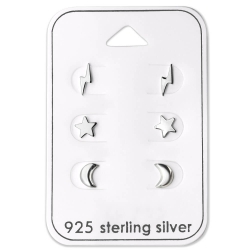 Ohrringe Ohrstecker Set 925 Sterling Silber Blitz, Stern und Mond