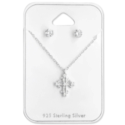 Set 925 Sterling Silber Zirkonia Ohrringe Ohrstecker und Kreuz-Kette