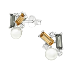 Perlenohrstecker 925 Sterling Silber mit geometrischen Kristallen