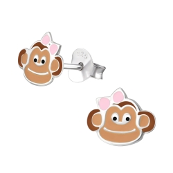 Kinder Ohrringe Ohrstecker 925 Sterling Silber Affenkopf mit pinker Schleife