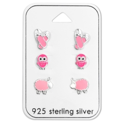 Ohrstecker Set 925 Sterling Silber mit pinken Motiven