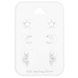 Ohrstecker Set 925 Sterling Silber mit Mond, Stern und Schlange