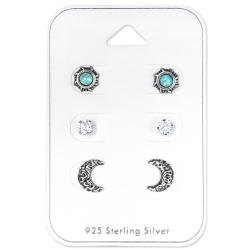 Ohrstecker Set 925 Sterling Silber Ethnischer Mond und Sonne