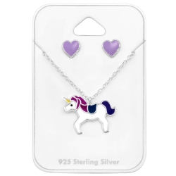 Set 925 Sterling Silber Ohrringe mit Herz-Ohrstecker mit Einhorn-Kette